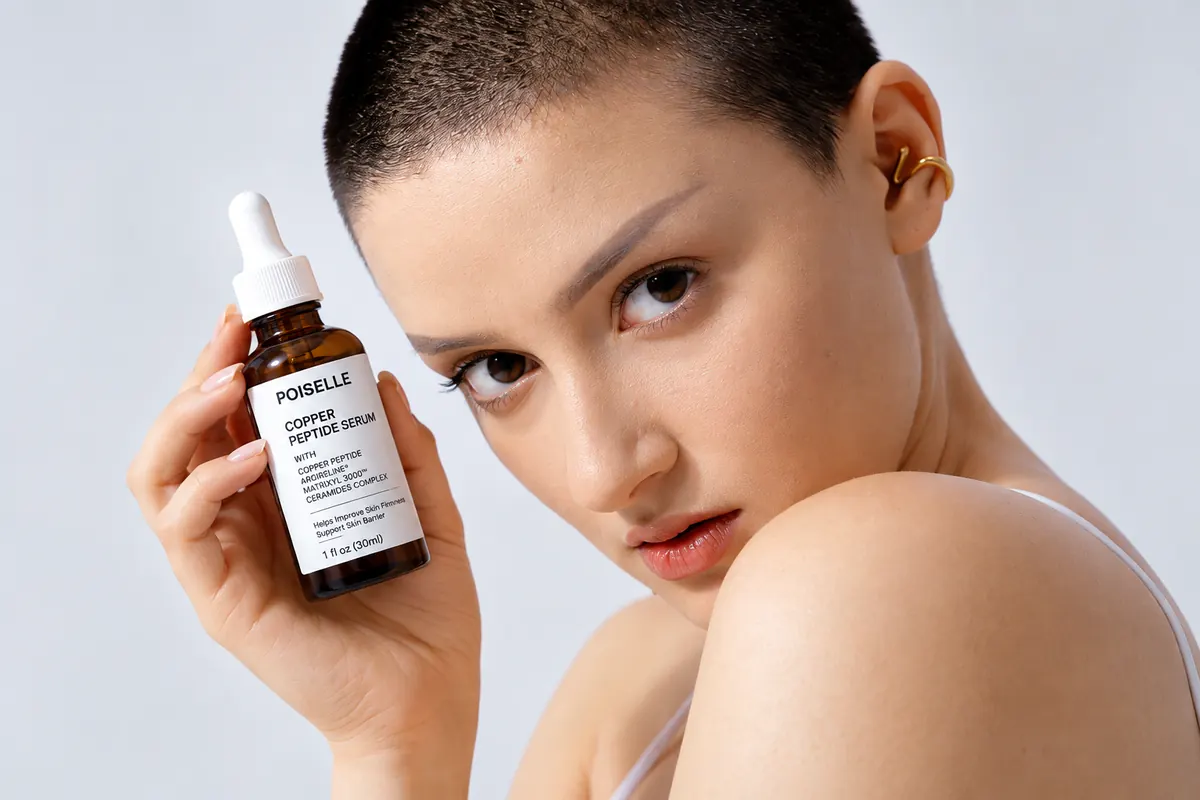Model holding POISELLE Copper Peptide Serum